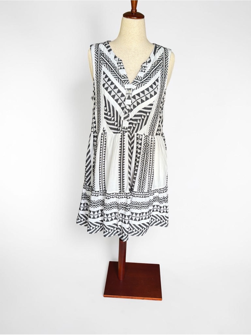 Tribal Black & White Sleeveless V-Neck Midi Dress